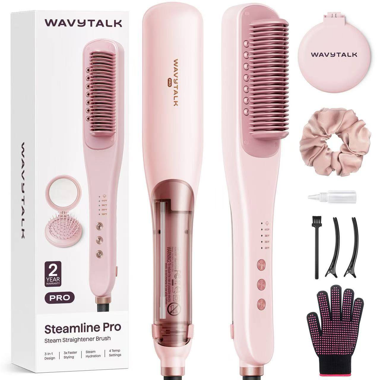 Wavytalk Pro Steam Hair Straightener Brush, Steam Reduces Damage, and Expedites Straightening, Pink